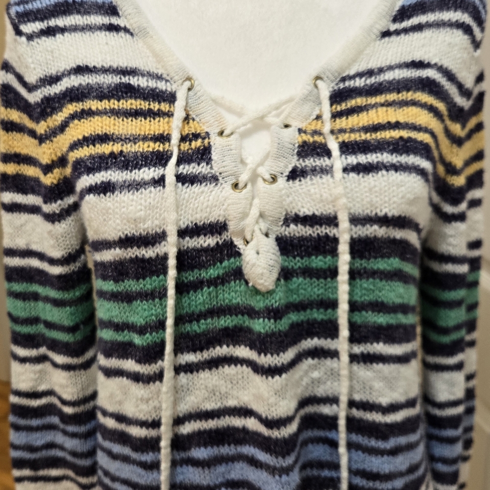 Striped Knit Sweater with Lace-Up Detail. Size Medium. Natural Reflections brand